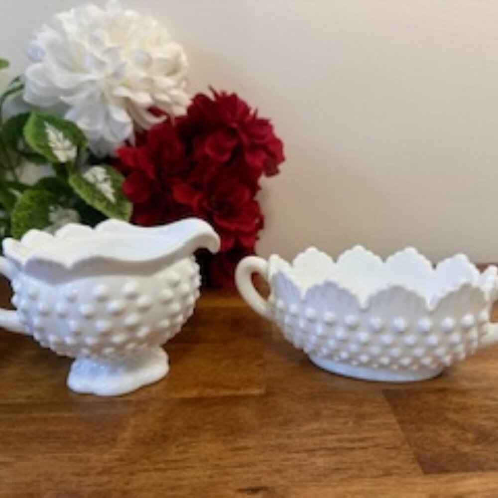 Fenton Hobnail White Milk Glass Creamer and Sugar‎ Bowl Set Vintage Pedestal